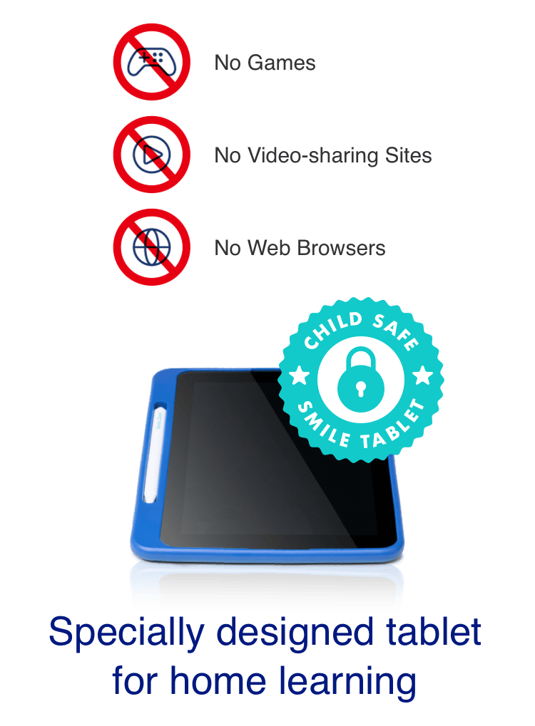 No Games,No Video-sharing Sites,No Web Browsers. CHILD SAFE SMILE TABLET. Specially designed tablet for home learning
