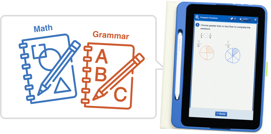 Math and Grammer workbooks on one tablet